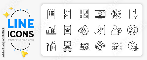 Milk, Smartphone recovery and Airplane mode line icons set for app include Entrance, Freezing timer, Checklist outline thin icon. Edit user, Seo analytics, Recycle water pictogram icon. Vector