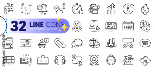 Outline set of Musical note, Bureaucracy and Map line icons for web with Financial documents, Analytics graph, Ranking star thin icon. Podium, Teamwork chart, Timer pictogram icon. Vector