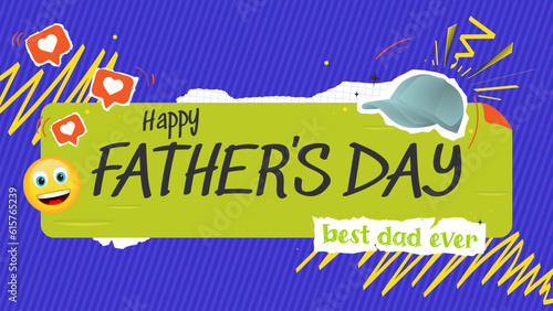 Happy Father's Day trendy y2k banner. Modern collage with cap, doodle elements, torn paper, emoji. Halftone vector popart collage in a contemporary punk grunge style. 