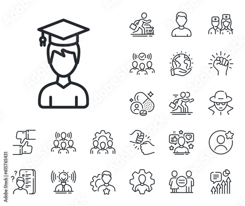 Education sign. Specialist, doctor and job competition outline icons. Man in Graduation cap line icon. Student hat symbol. Student line sign. Avatar placeholder, spy headshot icon. Vector