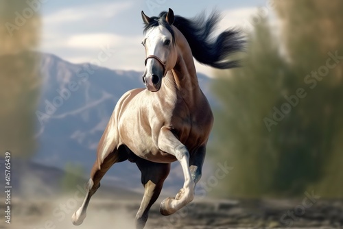 A thoroughbred horse gallops over the mountains in a jump. Generative AI