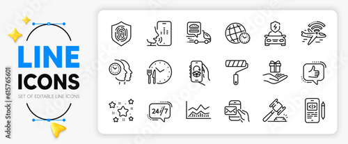 Airplane wifi, Stars and Paint roller line icons set for app include Trade infochart, 24h service, Food time outline thin icon. Like, Messenger mail, Loyalty program pictogram icon. Vector
