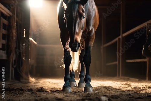 Well-groomed horse in the stable. Generative AI.