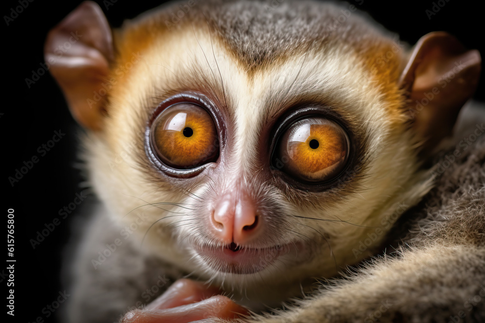 Stunning Portrait of slow Loris monkey with the big round eyes. Amazing Wildlife. Generative Ai - obrazy, fototapety, plakaty 