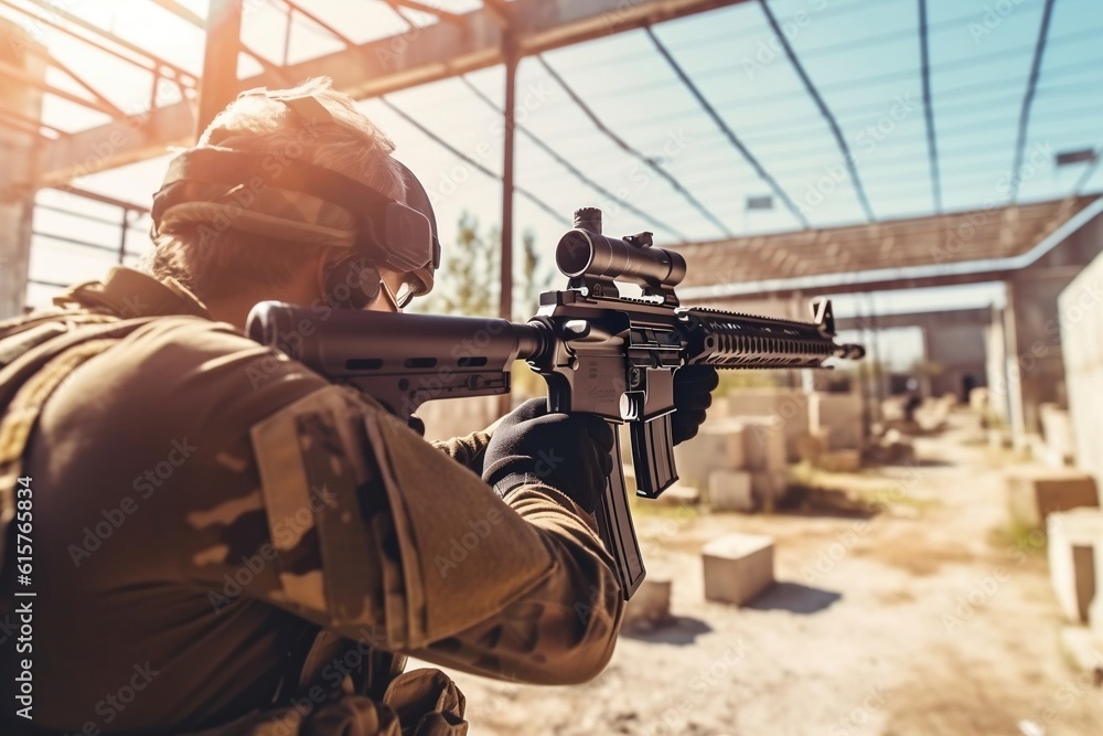 Soldier Aiming Assault Rifle at Outdoor Shooting Range - Back View. AI