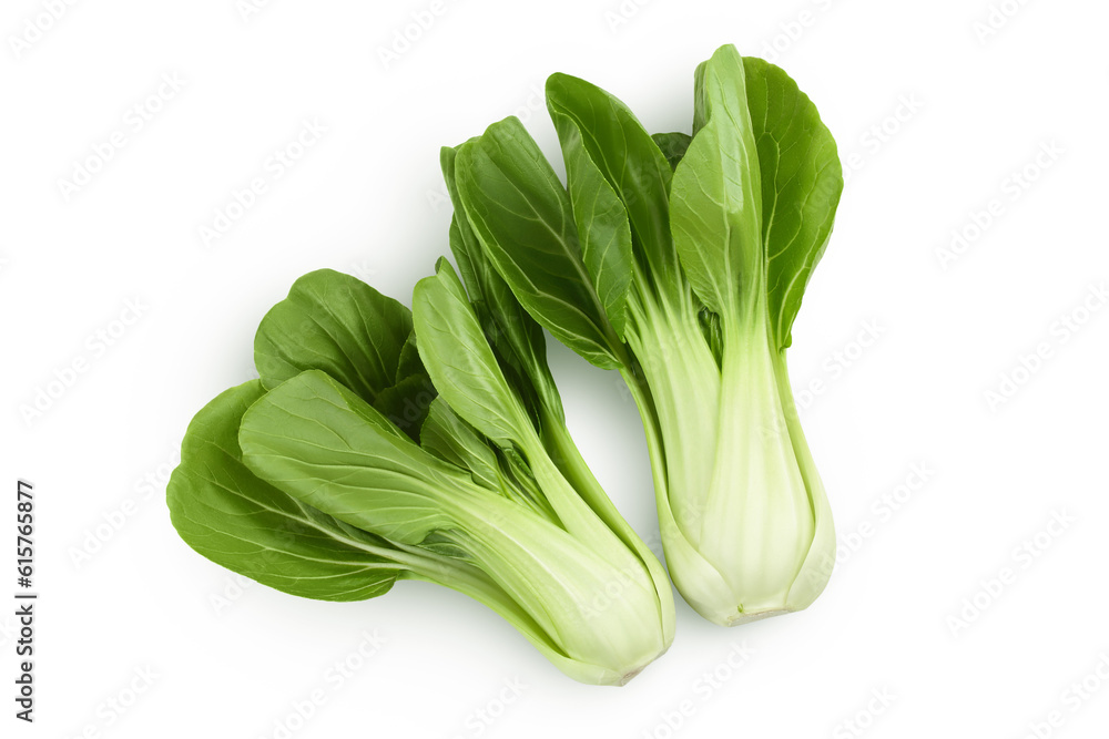 Fresh pak choi cabbage isolated on white background. Top view. Flat lay Fresh pak choi cabbage isolated on white background. Top view. Flat lay