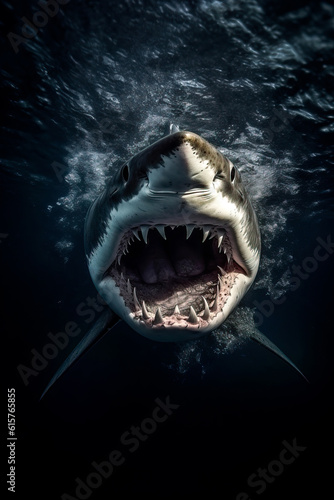 View from above of a Great white shark attacking. Amazing Wildlife. Generative Ai