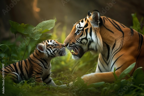 Affectionate portrait of a Tiger with her cub in Rainforest. Amazing Wildlife. Generative Ai