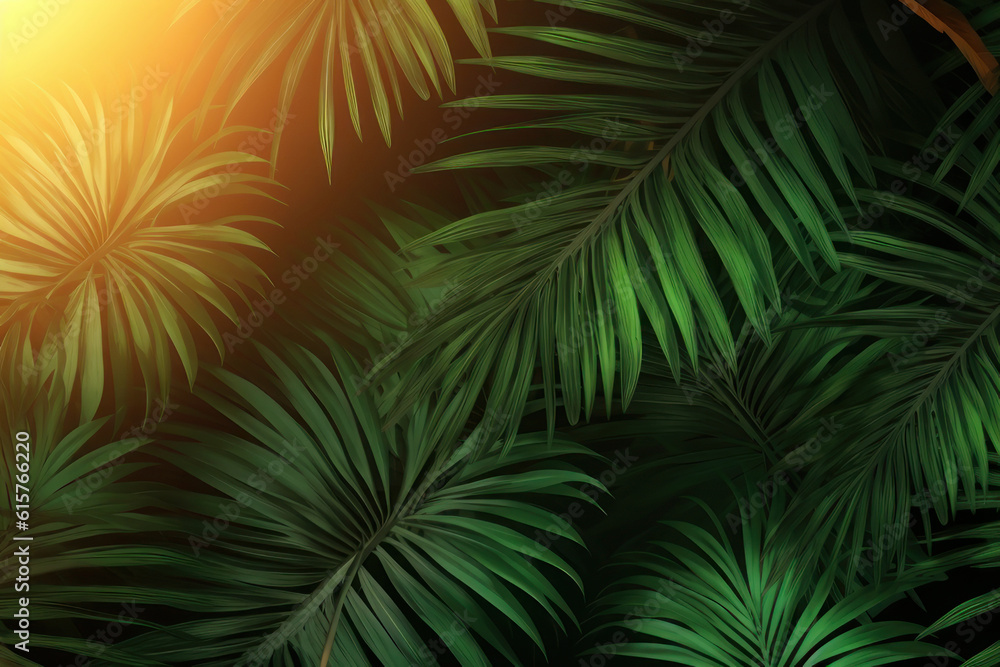 Fototapeta premium Background. Palm leaves and sun light. AI generative.