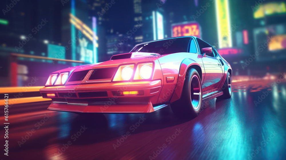 Sport car driving at high speed city, neon light 