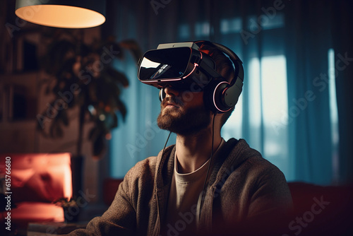 Man wearing VR headset at home