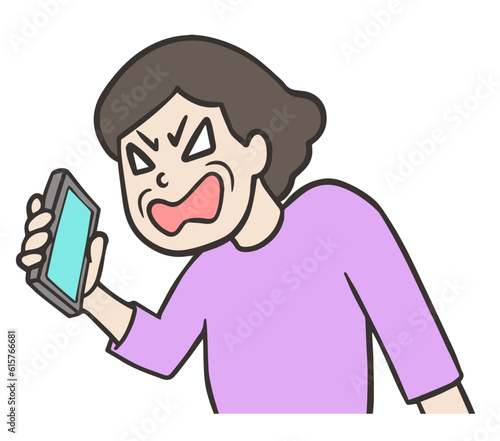 携帯電話でクレームを言うおばさん、中年女性