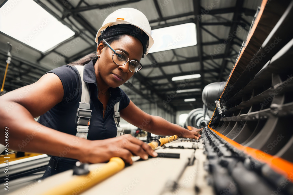 Fototapeta premium Digital portrait of a senior successful confident professional female Aerospace engineer is assembling an aircraft engine in a Plane assembly line. Concept of active age. Generative AI