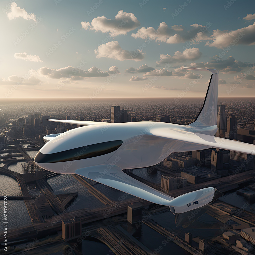 Fototapeta premium Future of air mobility, city air taxi, UAM urban air mobility, Public aerial transportation, Passenger Autonomous Aerial Vehicle AAV in sky, Generative AI