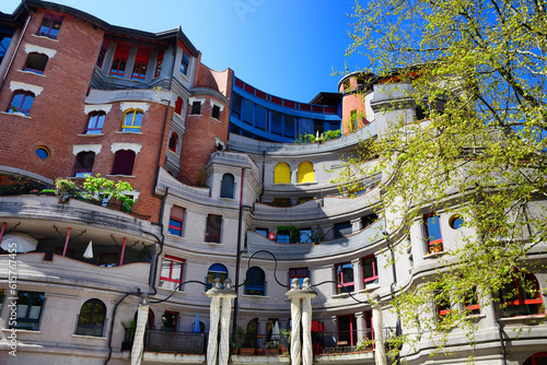 Geneva, Switzerland, Europe : Les Grottes quarter - Les Schtroumpfs, unique residential complex built in 1980s, these buildings recall works of Antoni Gaudi and Friedensreich Hundertwasser