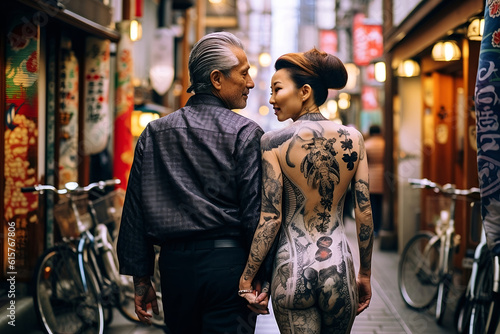 Fiction Japanese mature couple together in downtown Tokyo AI Generated 