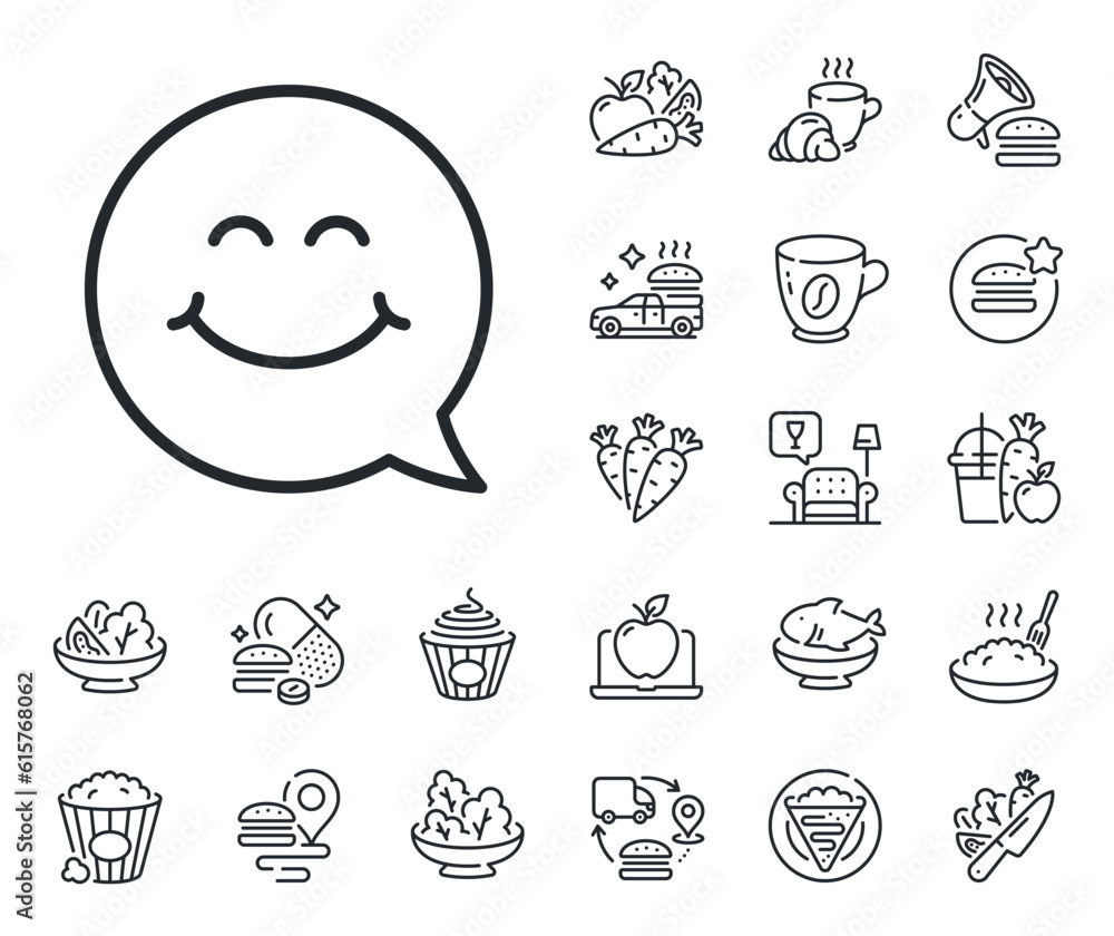 Obraz premium Happy emoticon chat sign. Crepe, sweet popcorn and salad outline icons. Smile face line icon. Speech bubble symbol. Smile face line sign. Pasta spaghetti, fresh juice icon. Supply chain. Vector