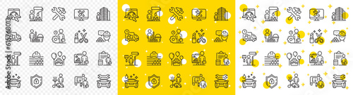 Car repair, Home cleaning, Engineering service line icons. Professional services line icons. Builder and Painter, Wrench tool with hammer, Car wash. Birthday events and internet services. Vector