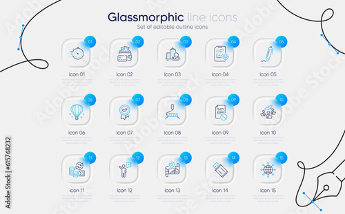 Set of Timer, Map and International globe line icons for web app. Usb flash, Inspect, Paint roller icons. Signature, Report checklist, Money signs. Teamwork chart, Wrong file, Agent. Vector