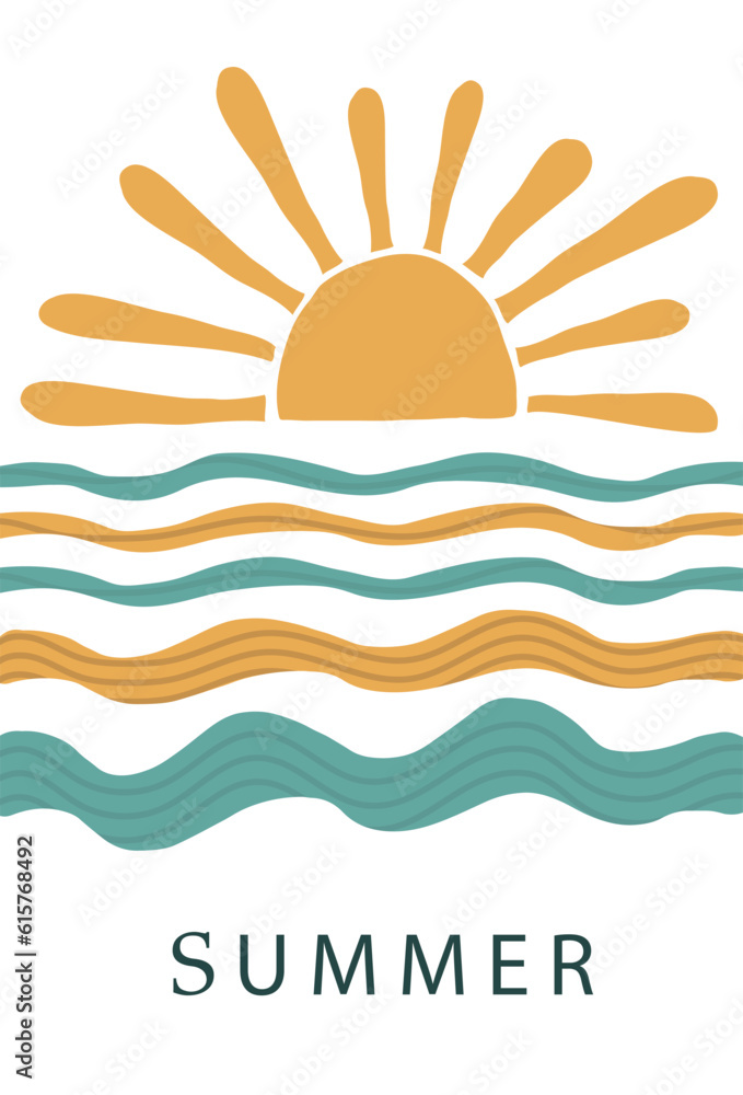 abstract summer landscape, sea, sun, waves. Paradise vacation in nature, the ocean in a minimalist retro style. hand drawn poster, banner, background. for printing, wall art. art vector illustration. abstract summer landscape, sea, sun, waves. Paradise vacation in nature, the ocean in a minimalist retro style. hand drawn poster, banner, background. for printing, wall art. art vector illustration.