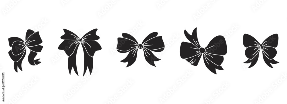 Obraz premium Gift bow set. Black silhouette, birthday and christmas elegant ribbons for presents decoration. Different decor for boxes packaging. Wrapping elements, cards wrap pack vector isolated set
