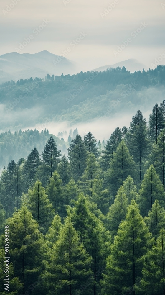 Photograph of mountains and misty pine trees Photograph of mountains and misty pine trees