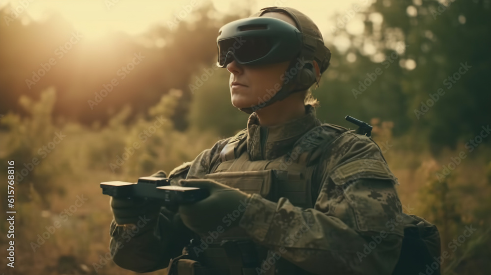 Military Soldier in Googles holding a VR drone controller, Quadrocopter for Miletary Operation. Reconnaissance UAV Surveillance in Ukraine-Russia War Conflict, Modern Warfare Intelligence Gathering.
