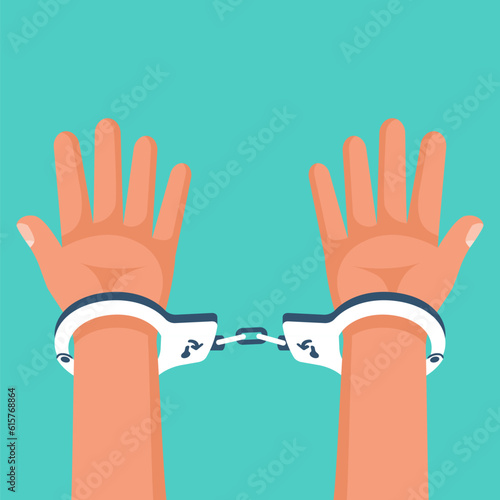Hands in handcuffs. Human in jail. Prisoner concept. Vector illustration flat design. Cartoon style. Arrest of a person. Isolated on white background. Criminal behind bars.