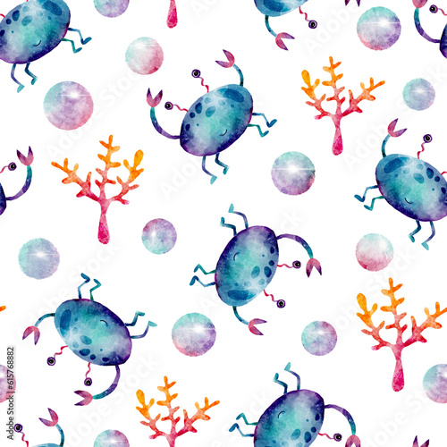 Watercolor Blue Crabs with Pearls and Seaweed Seamless Pattern