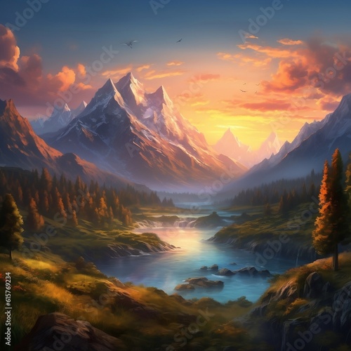 Majestic Mountain Sunset: Breathtaking Landscape. Generative AI ©  Creative_studio