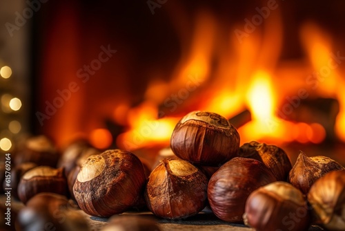 glossy roasted chestnuts against a cozy fireplace, Christmas stockings enhancing the holiday mood.