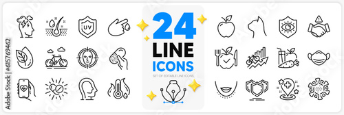 Icons set of Fever temperature, Psychology and Stress line icons pack for app with Coronavirus, Eye protection, Blood donation thin outline icon. Serum oil, Pets care, Juice pictogram. Vector