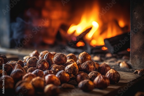glossy roasted chestnuts against a cozy fireplace, Christmas stockings enhancing the holiday mood.