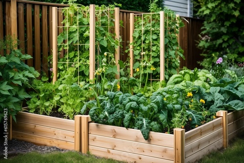 Organic Vertical Vegetable Garden with Wooden Raised Bed, Including Beans, in a Big Metropolis. AI
