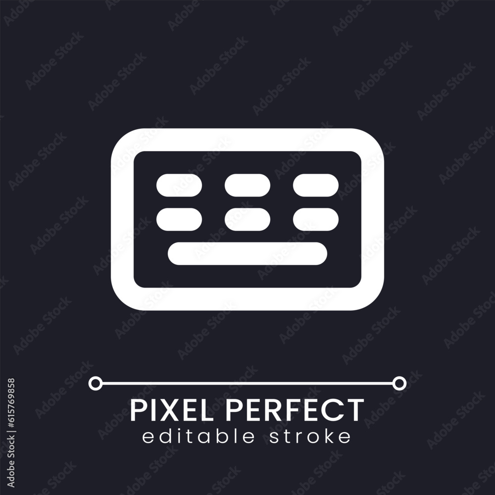 Keyboard pixel perfect white linear ui icon for dark theme. Type message. Online communication. Vector line pictogram. Isolated user interface symbol for night mode. Editable stroke. Poppins font used Keyboard pixel perfect white linear ui icon for dark theme. Type message. Online communication. Vector line pictogram. Isolated user interface symbol for night mode. Editable stroke. Poppins font used