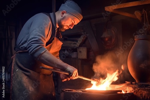 Photographie The blacksmith forges a sword. Generative AI