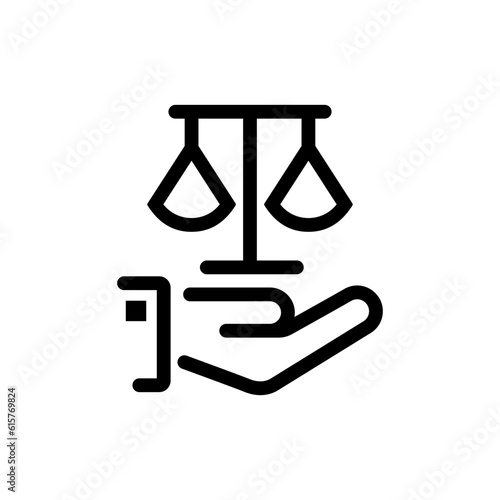 Weight scales justice hold in hand judge. Black line icon. Civil rights. Law and justice concept. Vector abstract illustration flat design. Isolated on background. Legal services.
