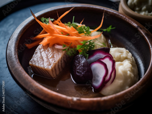 A dish of Hákarl, fermented shark meat.