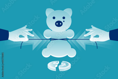 People squeeze the family budget. Symbol of a decrease in income. Reduce costs. Squeezes a piggy bank. Financial recession, Money shortage. Vector illustration flat design.