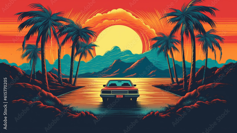 Obraz premium sunset on the beach in the car, palm, tropical, sky, sun