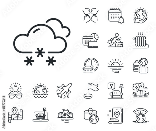 Clouds with snowflake sign. Plane jet, travel map and baggage claim outline icons. Snow weather forecast line icon. Cloudy sky symbol. Snow weather line sign. Car rental, taxi transport icon. Vector