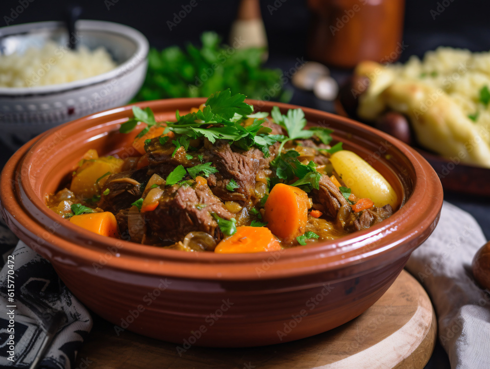 A plate of flavorful and aromatic Moroccan lamb tagine with vegetables and fragrant spices. A plate of flavorful and aromatic Moroccan lamb tagine with vegetables and fragrant spices.
