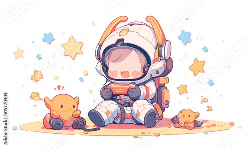A charming illustration of a smiling astronaut holding a tiny planet
