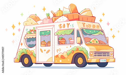 A cheerful taco truck with cheery colors and tacos that are grinning