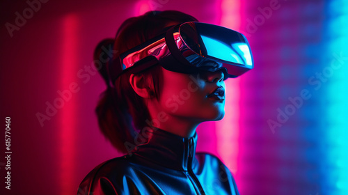 Women wearing virtual reality glasses, neon lights - generative ai