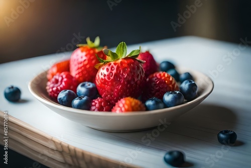 A luscious bowl of mixed berries  showcasing a colorful assortment of strawberries  blueberries  raspberries  and blackberries.