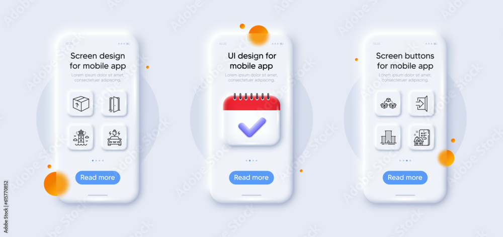 Package, Open door and Lighthouse line icons pack. 3d phone mockups with calendar. Glass smartphone screen. Parcel shipping, Exit, University campus web icon. Vector Package, Open door and Lighthouse line icons pack. 3d phone mockups with calendar. Glass smartphone screen. Parcel shipping, Exit, University campus web icon. Vector