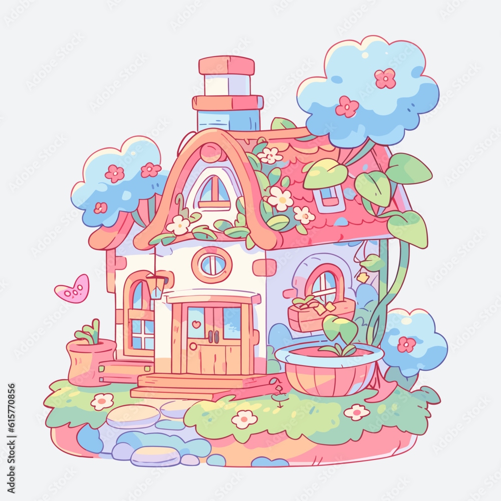 A fun illustration of a nice house with a chimney and a smiling face