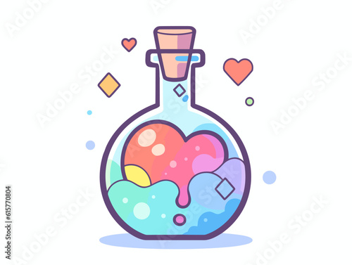 a laboratory flask with a variety of vibrant liquids