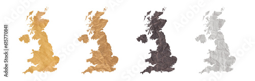 set of maps of United Kingdom on old dark and brown crumpled grunge papers
